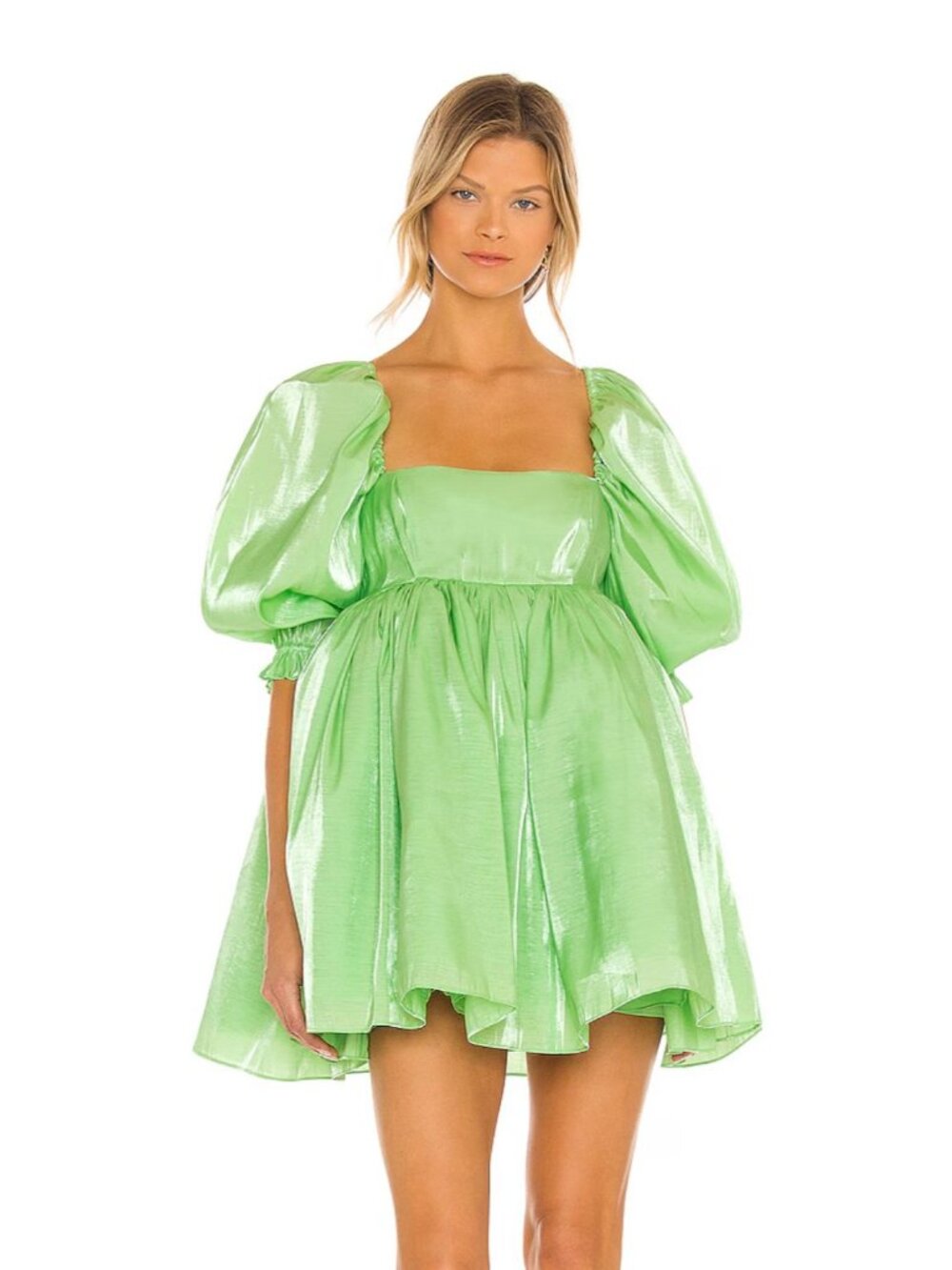 Selkie Avocado Green Puff Dress Shiny Organza Mini Babydoll Women’s Size Small